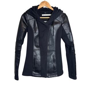 Blanc Noir Moto Jacket Black Quilted Leather Contrast Hooded Full Zip Size Small